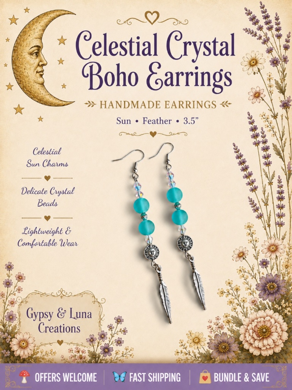 Handcrafted Celestial Crystal Earrings Sun Feather Charms Boho Chic 3.5”